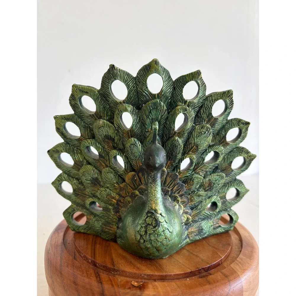 Maison Roi Peacock Candle Holder Green Bronze Fan Tail Figurine Decor